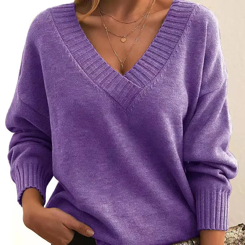 Fall Winter New Fashion Womens Sweater LooseFit VNeck Casual Pullover Knit Tops Clothing product view