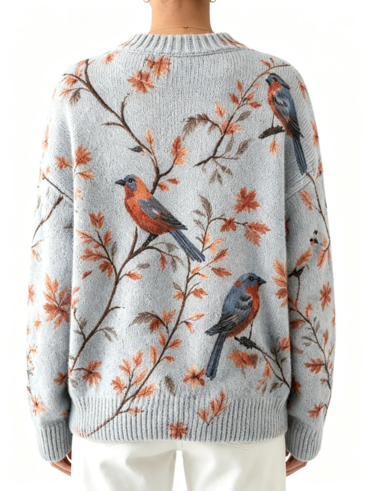 Printed knitted pullover loose and casual soft and warm retro birdpattern watercolor leaf design roundneck longsleeved daily fallwinter layered sweater detail