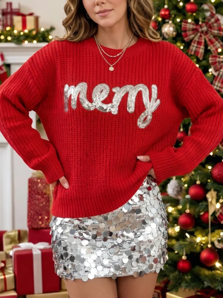 2026 New Style Women's Thick Knitted Sweater Loose and Soft, Warm, Anti-loosening, Bright Red Base Color with Silver Beads, Christmas Letters Print, Round Neck, Long Sleeve, Winter Party, Daily Wear, Layered Sweater