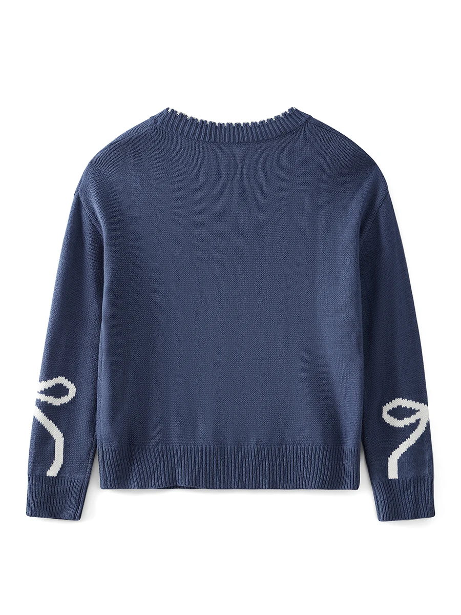 Womens Bow Print Sweater Elegant Long Sleeve Round Neck Knit Pullovers Spring Autumn Tops detail
