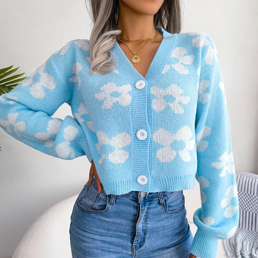 Womens Floral Contrast Color Button Front Casual Cardigan Sweater Coat Long Sleeve Open Front for Resort Wear detail