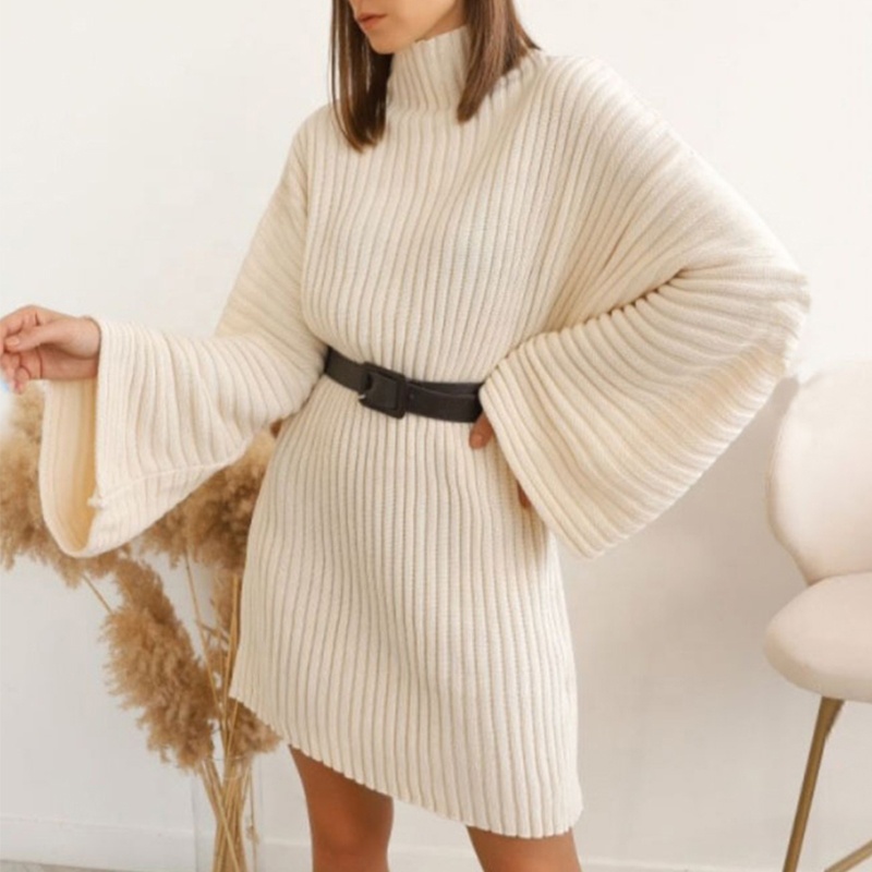 Knitwear Manufacturers ODM Custom White Turtleneck Long Sleeve Large Ribbed Simple Midi Women Sweater Knit Dress product view