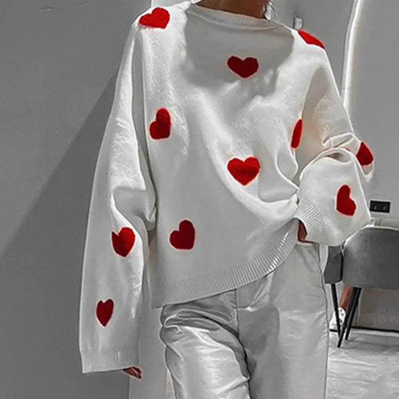 Love Heart Knitted Sweater Women's Trendy Street Style Long Sleeve Overhead Pullover Knitwear Ultra Short Length Fashion