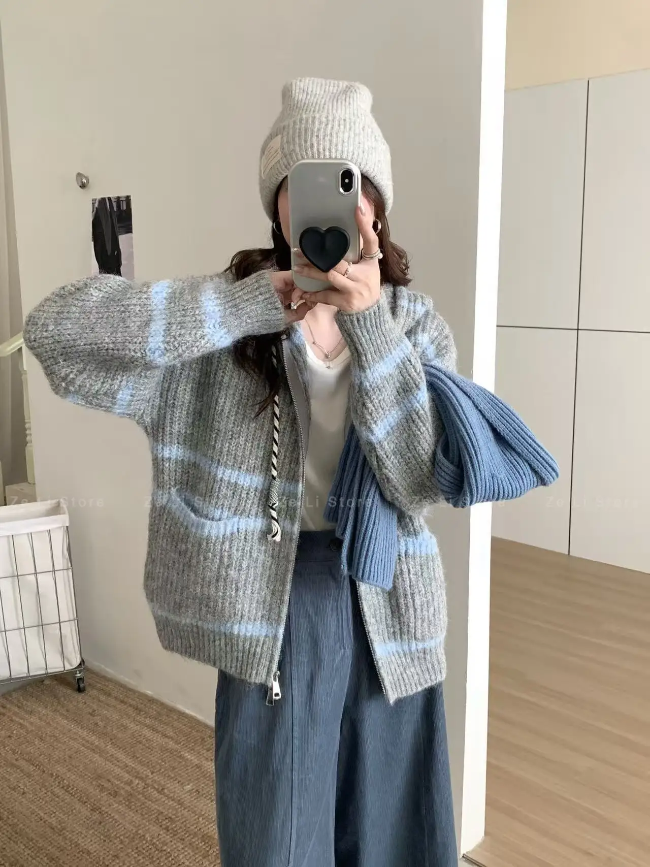 Loose Womens Zipper Knitted Sweater Striped Hooded Color Block Autumn Winter Outerwear Casual Comfortable Lazy Style Top detail
