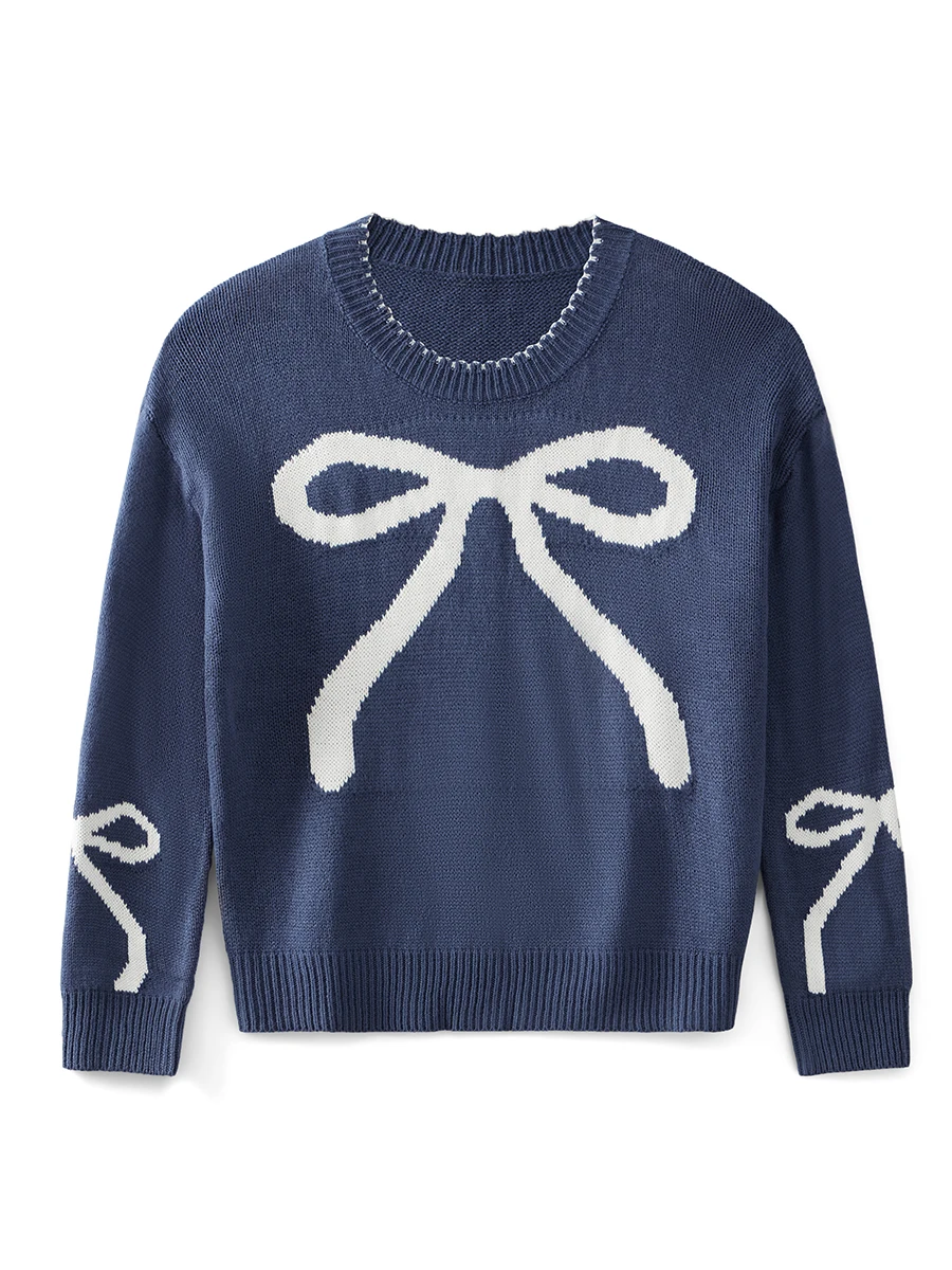 Womens Bow Print Sweater Elegant Long Sleeve Round Neck Knit Pullovers Spring Autumn Tops detail