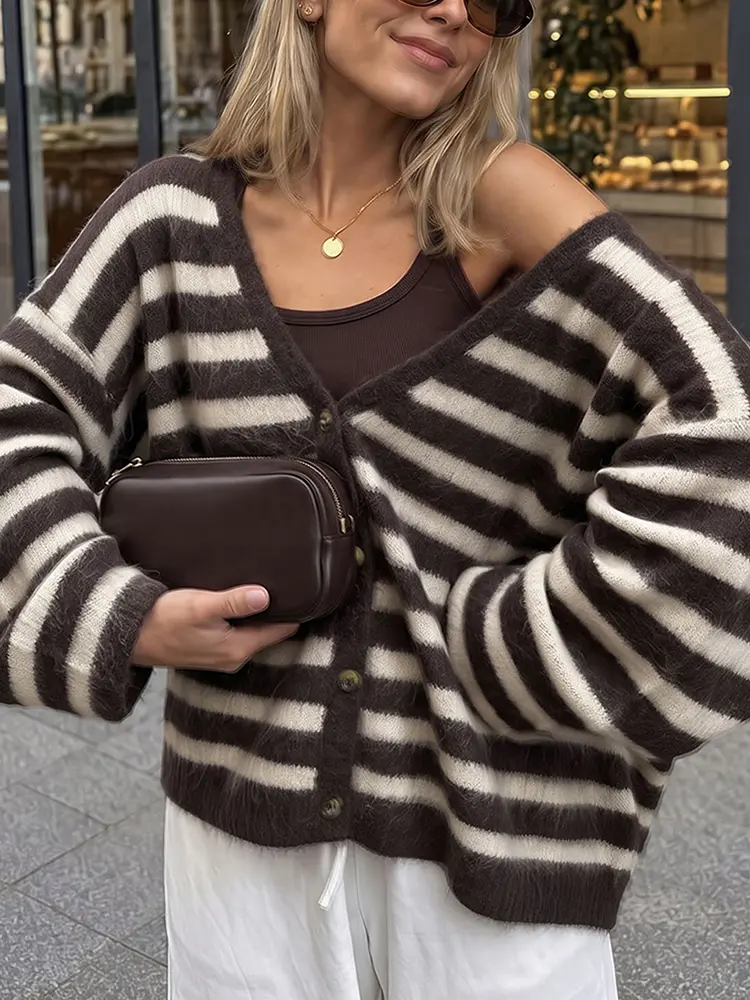 New Fur Soft Button Jumpers Stripe Print Long Sleeve Cardigans Elegant Vneck Womens Commute Sweater Coat product view