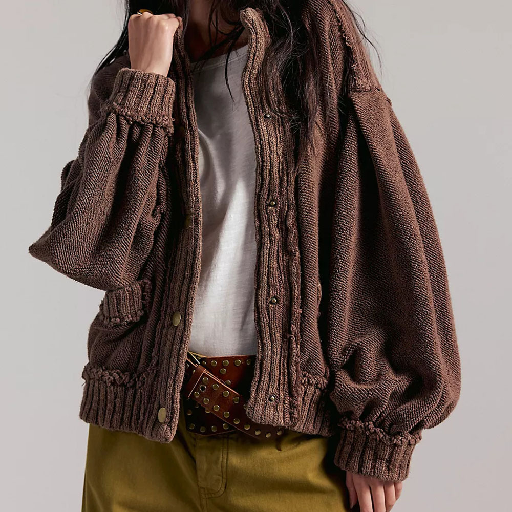 Hot Sale Womens Knitted Inside Out Cardigan Vneck Full Sleeve Bohemian Style with Pockets Sheer Layer Detail Hand Knit Sweater detail