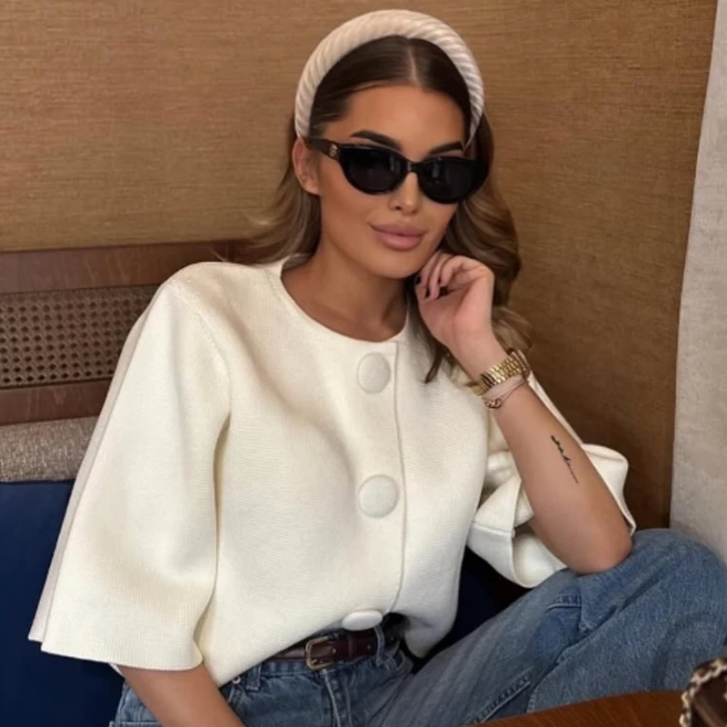 Womens Cropped Knit Cardigan Summer Elegant Off White Button ONeck Short Sleeve Tops For Woman Resort Bolero Sweater detail