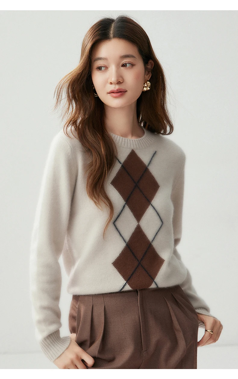Light Luxury Womens Autumn Winter Sweater Argyle 100 Cashmere Knit Pullover Long Sleeve Clothing Top Lady Warm Jersey detail