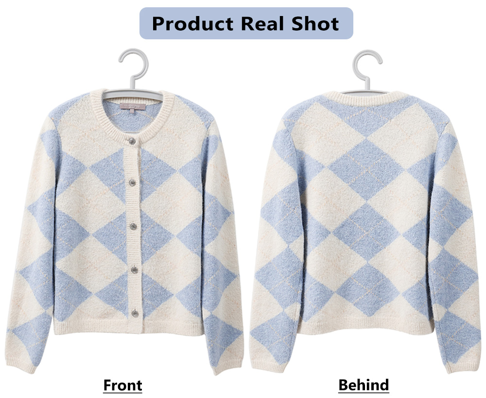 Custom Womens Knitwear Plaid Knit AntiWrinkle Cardigan Crew Neck Button Down Loose Fit Long Sleeve Preppy for Spring Fall product view