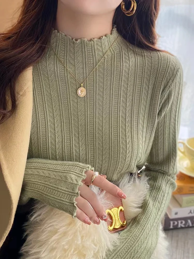 New Womens Autumn and Winter Solid Color Ruffled Semiturtleneck Longsleeved Knitted Sweater Casual Womens Knitted Pullovers detail