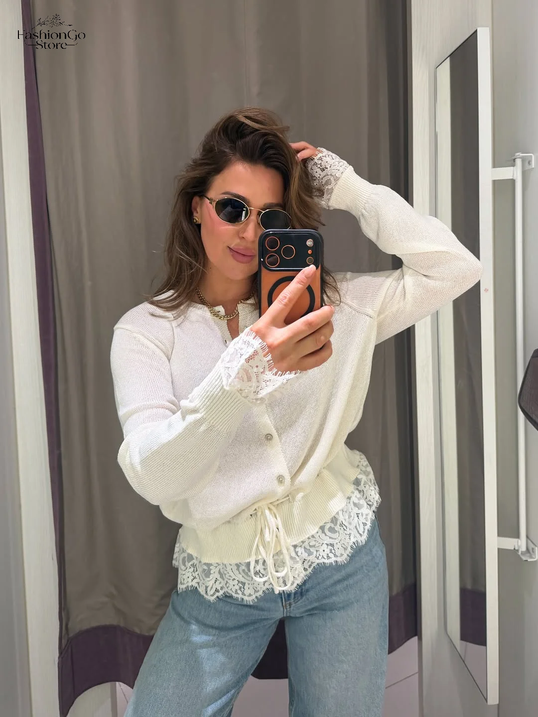 Solid Color Round Neck Cardigan Womens Single Breasted Waist Drawstring Elegant Sweater Autumn New Item Daily Street Wear product view