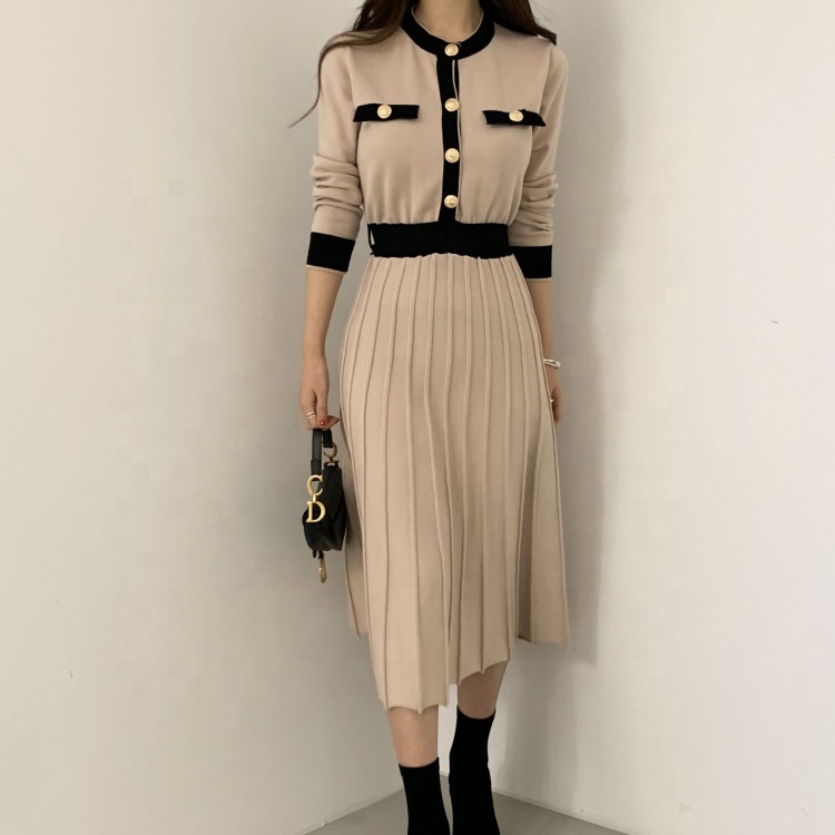 Knitwear Manufacturers Custom Elegant Womens Knit Slim a Line High Waist Pleated Dress Women Soft Ladies Long Sweater Dress detail