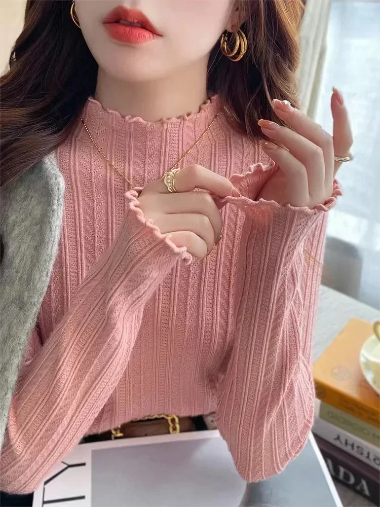 New Womens Autumn and Winter Solid Color Ruffled Semiturtleneck Longsleeved Knitted Sweater Casual Womens Knitted Pullovers detail