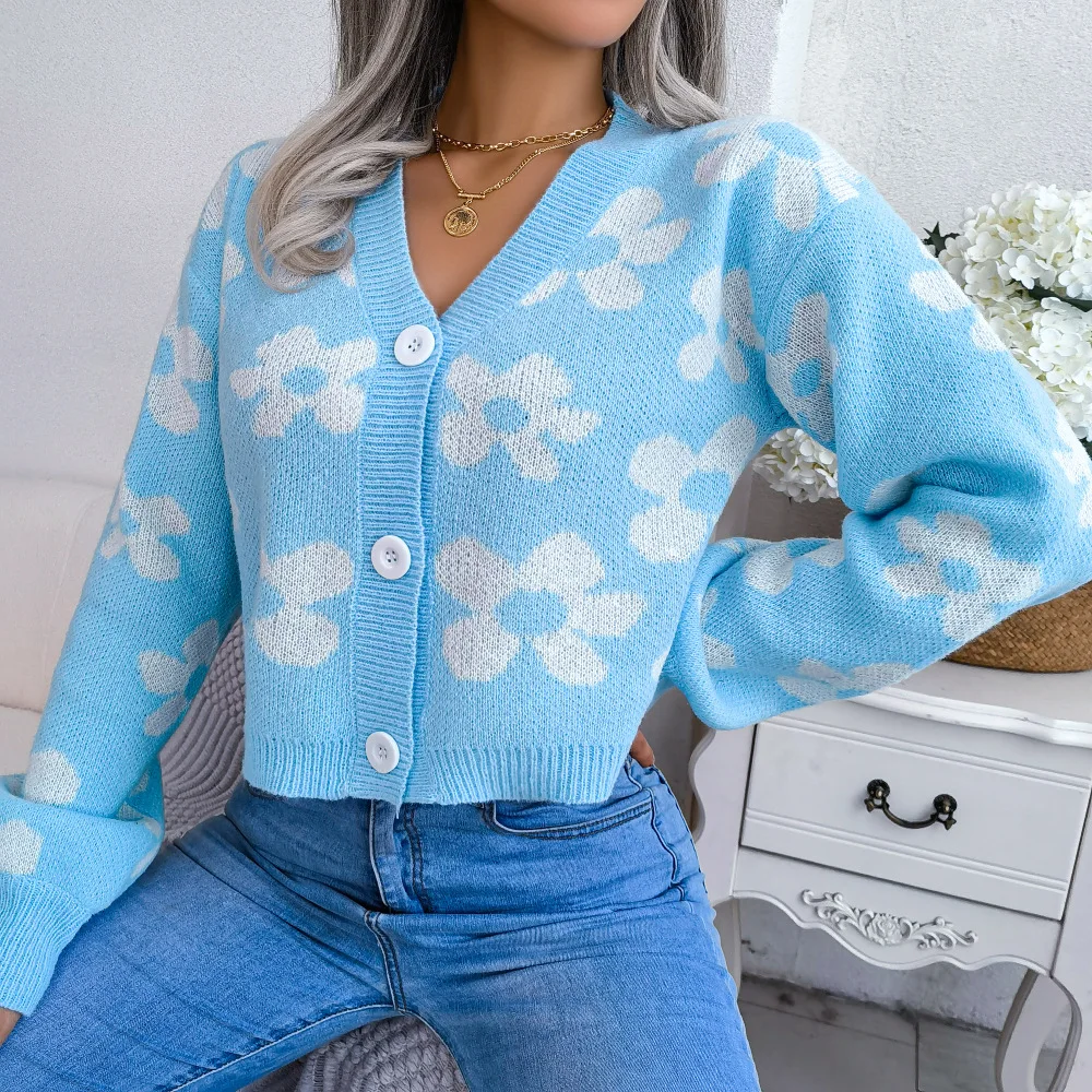 Womens Floral Contrast Color Button Front Casual Cardigan Sweater Coat Long Sleeve Open Front for Resort Wear detail
