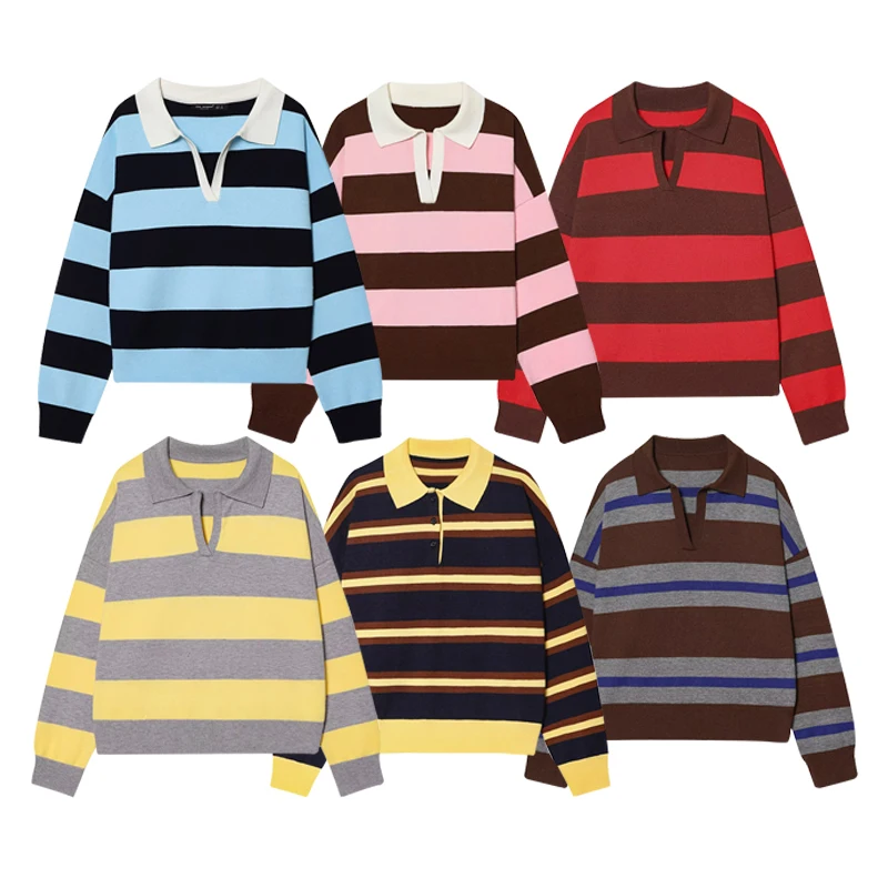 Womens New Knitted Striped Sweater Polo Neck Pullover Fashion Loose Elegant Warm Young Women Sweater Street detail