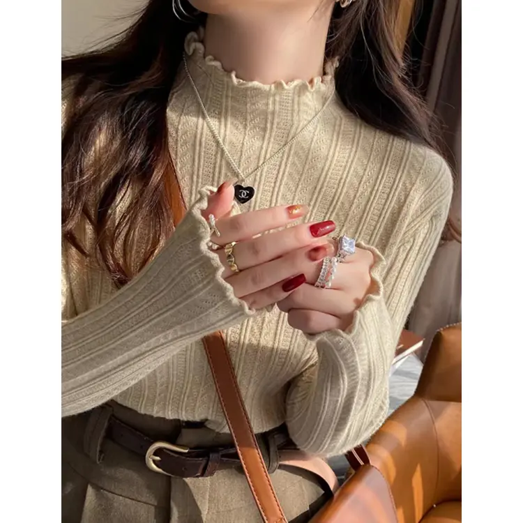 New Womens Autumn and Winter Solid Color Ruffled Semiturtleneck Longsleeved Knitted Sweater Casual Womens Knitted Pullovers product view
