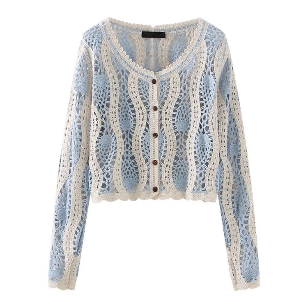 Low Moq Custom Women Knitted Sweater Crew Neck Contrast Color Striped Womens Knitwear Hollowout Crochet Women Knitted Cardigan detail