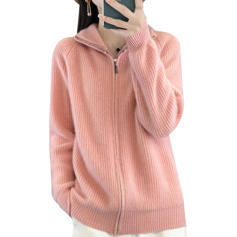 100 Wool Womens Standing Collar Zipper Cardigan Thickened Autumn Winter Casual Fashion Cashmere Knitted Sweater detail