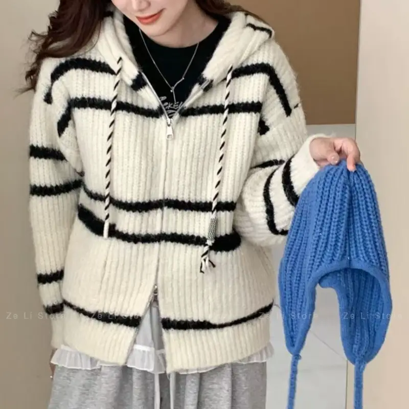 Loose Womens Zipper Knitted Sweater Striped Hooded Color Block Autumn Winter Outerwear Casual Comfortable Lazy Style Top product view