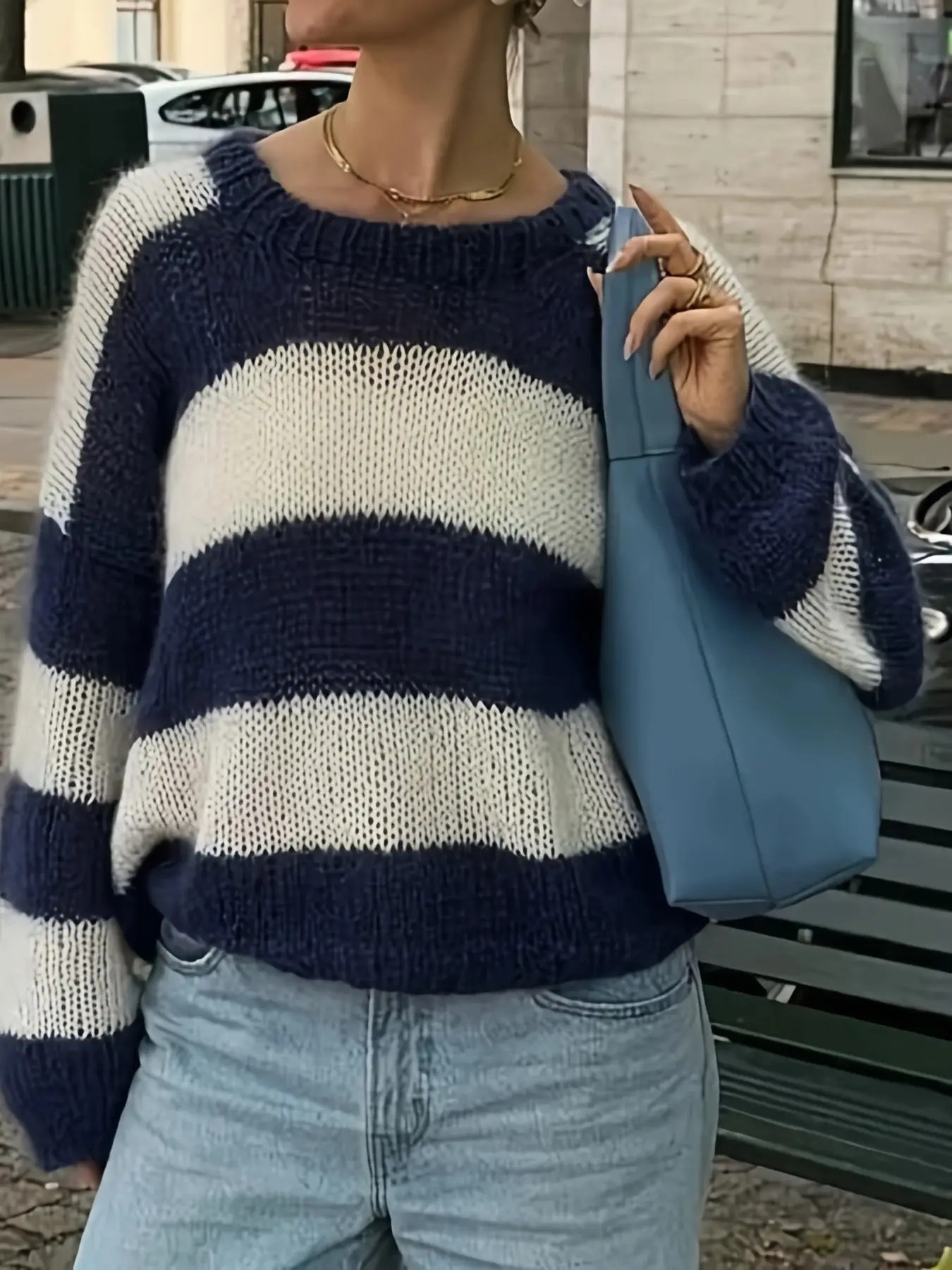 Womens round neck longsleeved striped knit sweater top casual and relaxed style autumn and winter style product view