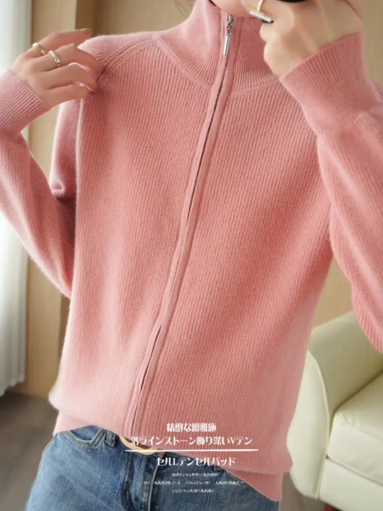 100 Wool Womens Standing Collar Zipper Cardigan Thickened Autumn Winter Casual Fashion Cashmere Knitted Sweater product view