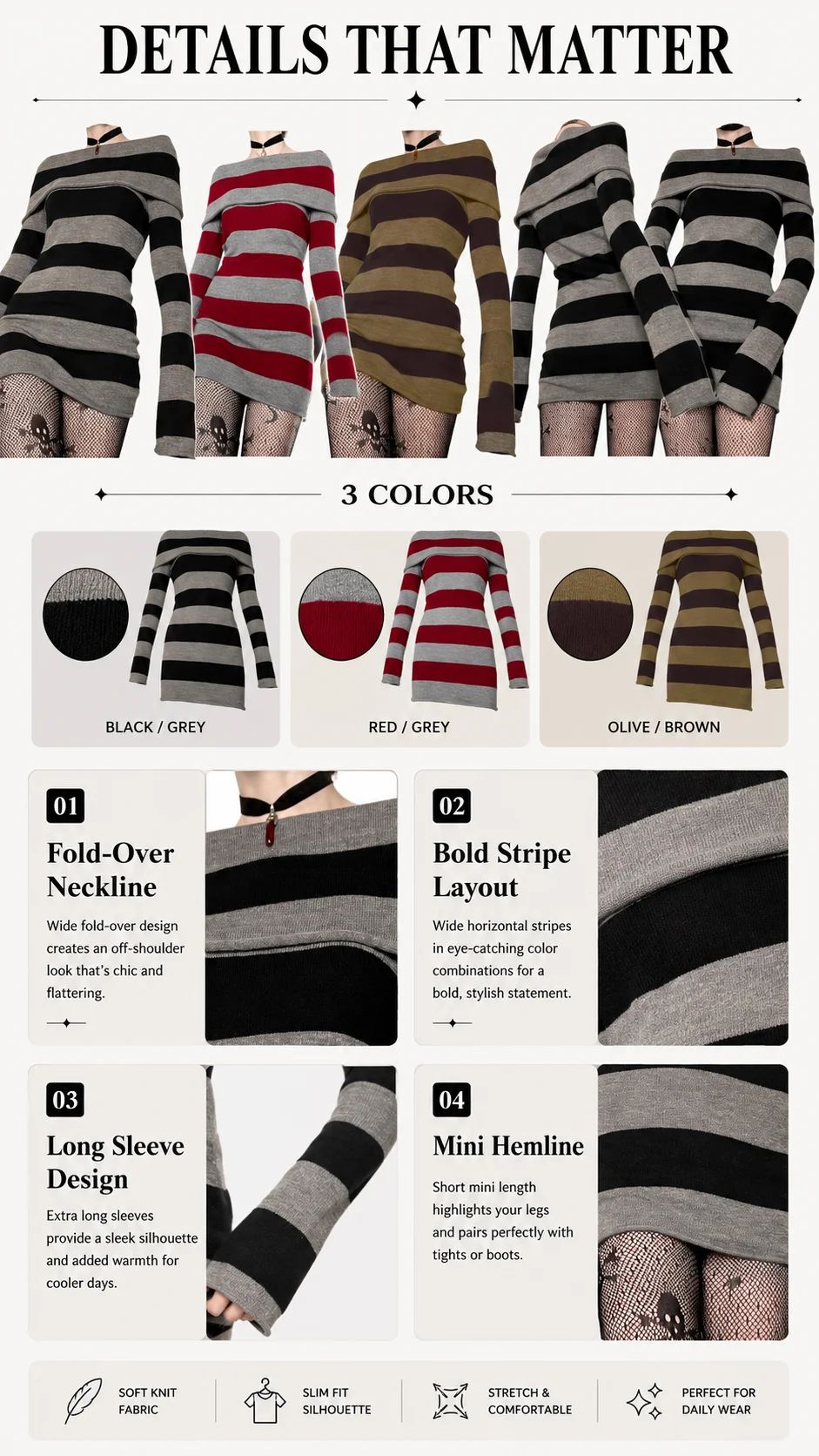 Women Gothic Y2K Off Shoulder Striped Knit Mini Dress Long Sleeve Bodycon Sweater Dress Punk Grunge Aesthetic Party Club Outfits detail