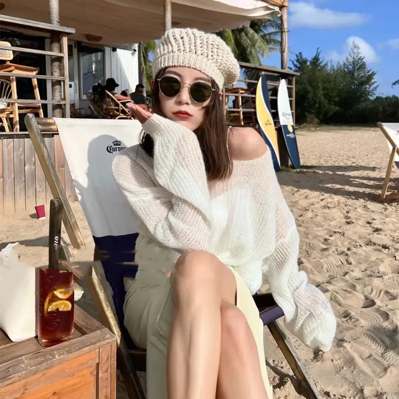 Simple Hollow Out Lightweight Long Sleeved Knitted Sweater Spring New Solid Color Womens Pullover Summer Sunscreen Knitted Tops product view