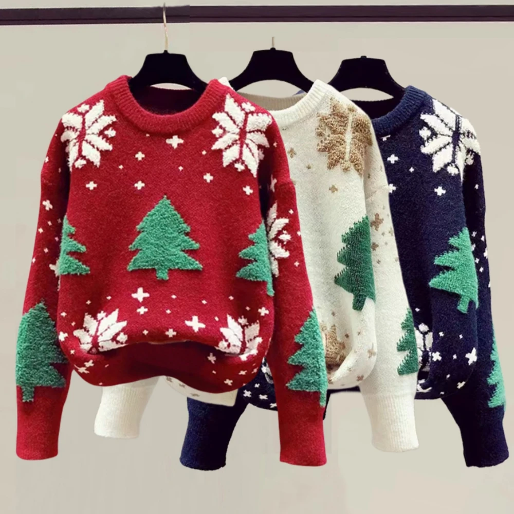 Womens Sweater New Christmas Tree Snow Youthful woman Clothes Long Sleeve Tops Blouse Oneck Sweatshirts Knitwear Allmatch detail