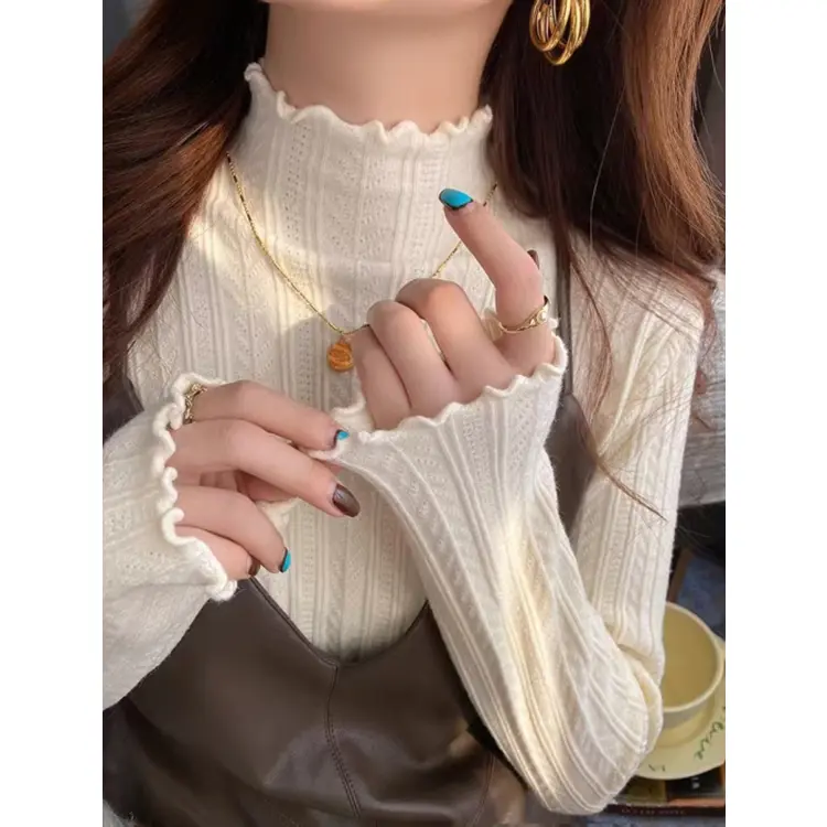 New Womens Autumn and Winter Solid Color Ruffled Semiturtleneck Longsleeved Knitted Sweater Casual Womens Knitted Pullovers product view