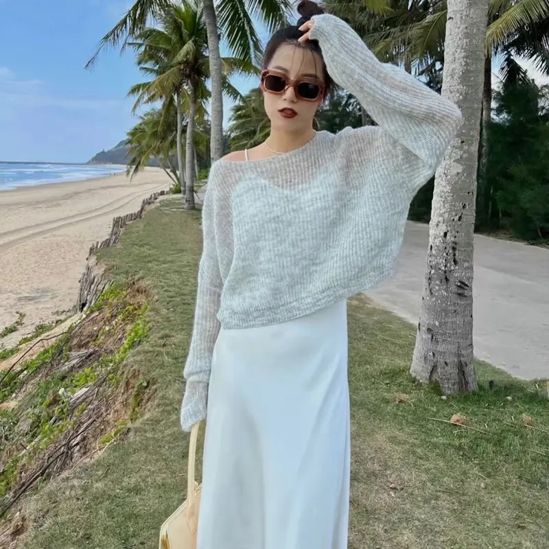 Simple Hollow Out Lightweight Long Sleeved Knitted Sweater Spring New Solid Color Womens Pullover Summer Sunscreen Knitted Tops product view