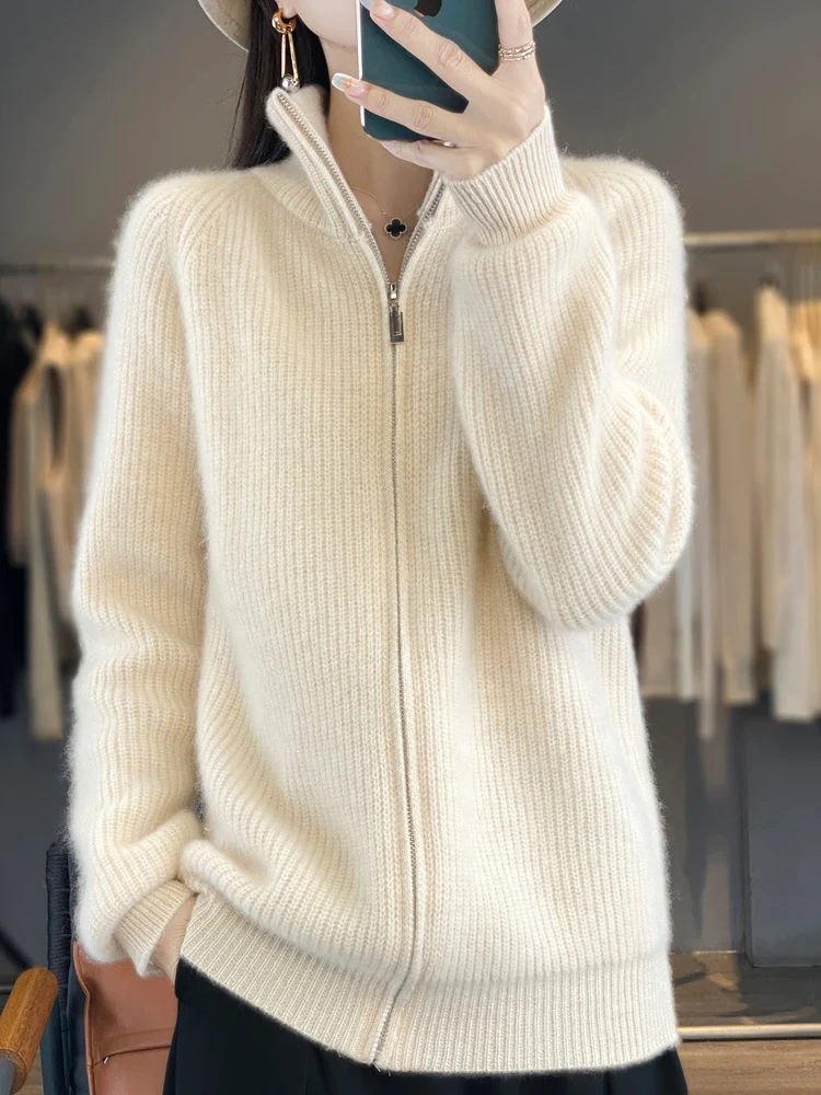 100 Wool Womens Standing Collar Zipper Cardigan Thickened Autumn Winter Casual Fashion Cashmere Knitted Sweater detail