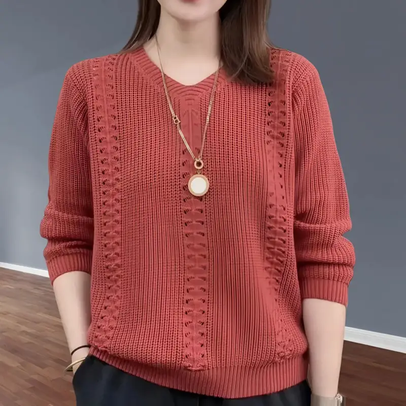 V-neck Knitted Sweater Autumn Popular Women's Clothing Foreign Style Inside with Solid Color Bottoming Shirt Top Jumpe Homme