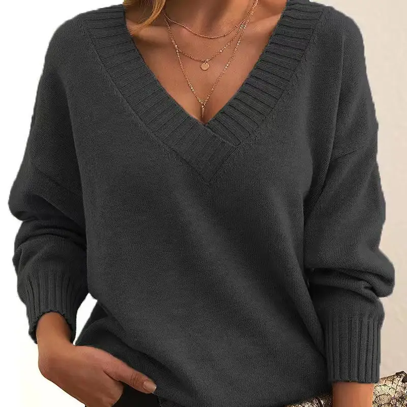 Fall Winter New Fashion Womens Sweater LooseFit VNeck Casual Pullover Knit Tops Clothing product view