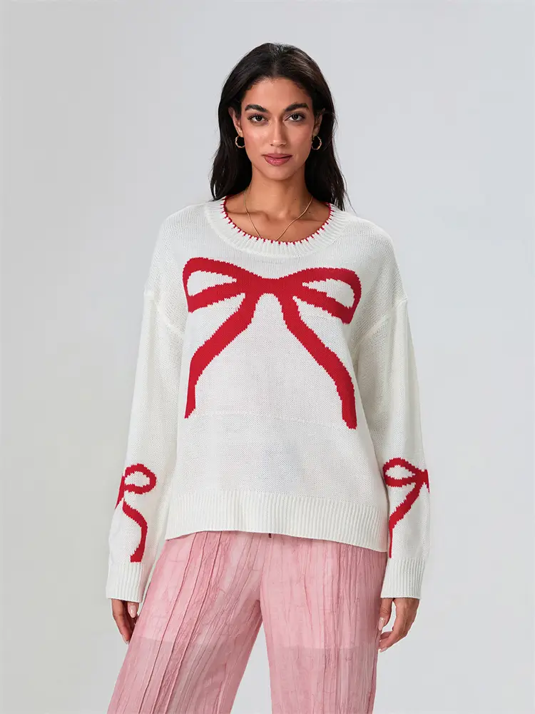 Womens Bow Print Sweater Elegant Long Sleeve Round Neck Knit Pullovers Spring Autumn Tops product view