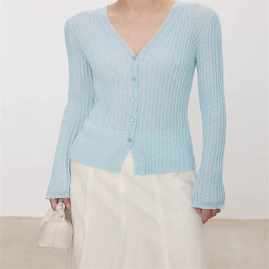 Womens Knitted VNeck Cardigan Long Sleeve Solid Color Casual Autumn Sweater Breathable Open Stitch Closure 380g product view