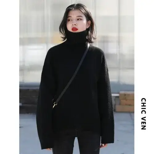 Womens Sweater Loose Turtleneck Sweaters Warm Solid Pullover Knitwear Basic Female Tops Autumn Winter product view