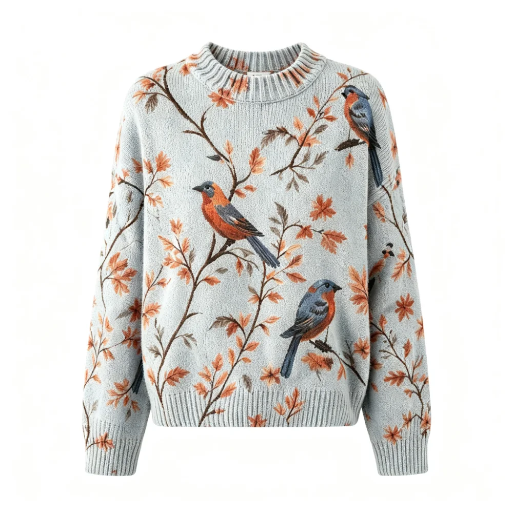 Printed knitted pullover loose and casual soft and warm retro birdpattern watercolor leaf design roundneck longsleeved daily fallwinter layered sweater detail