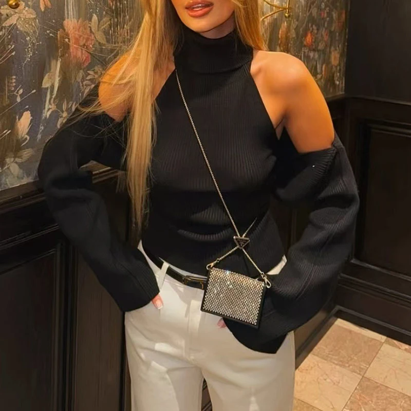 Autumn Winter New Crochet Lady Party Camisole Fashion Hollow Out Knitted Womens Sweater Casual Solid Color Slim Commute Jumper detail