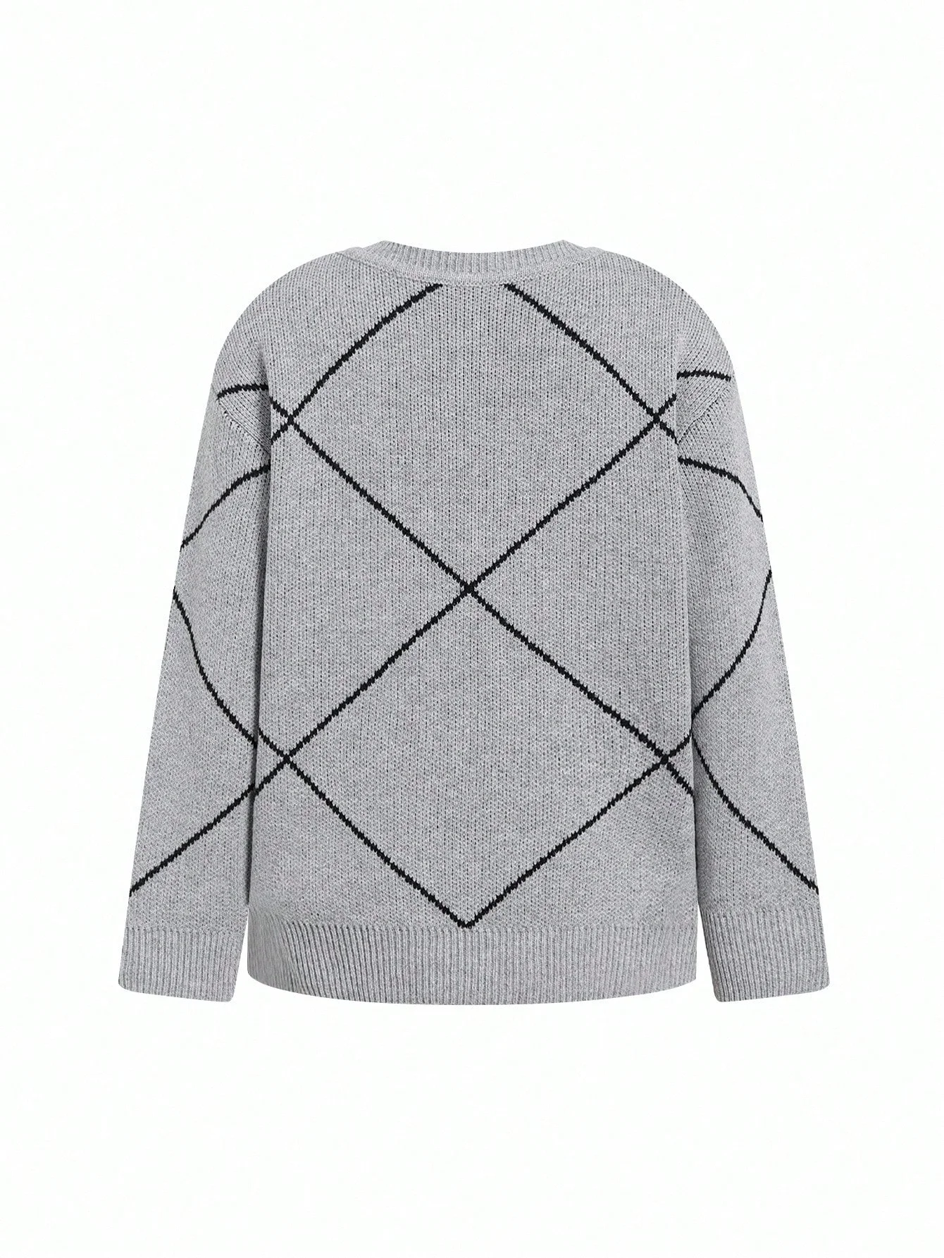Autumn Winter Grey Diamond Pattern Butterfly Knot VNeck Womens Loose Slimming Soft Style Pullover Knitted Sweater Top product view