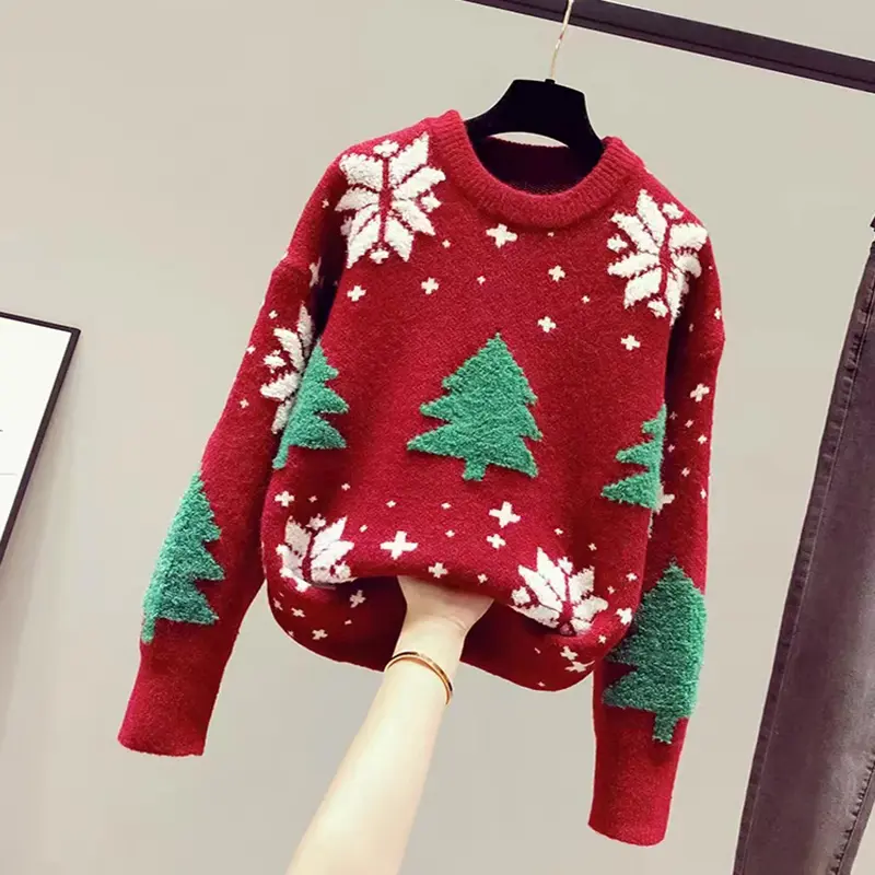 Womens Sweater New Christmas Tree Snow Youthful woman Clothes Long Sleeve Tops Blouse Oneck Sweatshirts Knitwear Allmatch product view