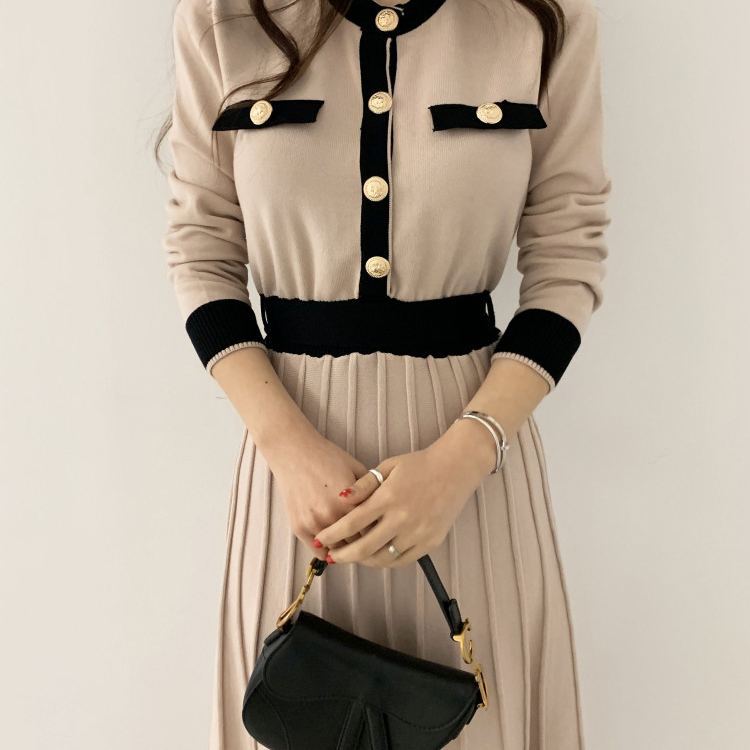 Knitwear Manufacturers Custom Elegant Womens Knit Slim a Line High Waist Pleated Dress Women Soft Ladies Long Sweater Dress product view