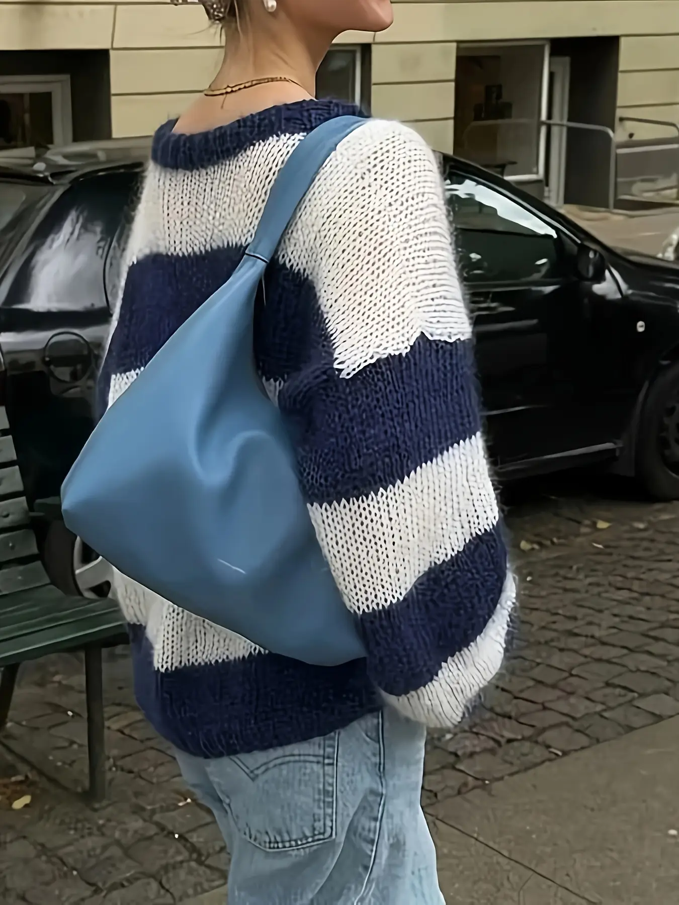 Womens round neck longsleeved striped knit sweater top casual and relaxed style autumn and winter style product view