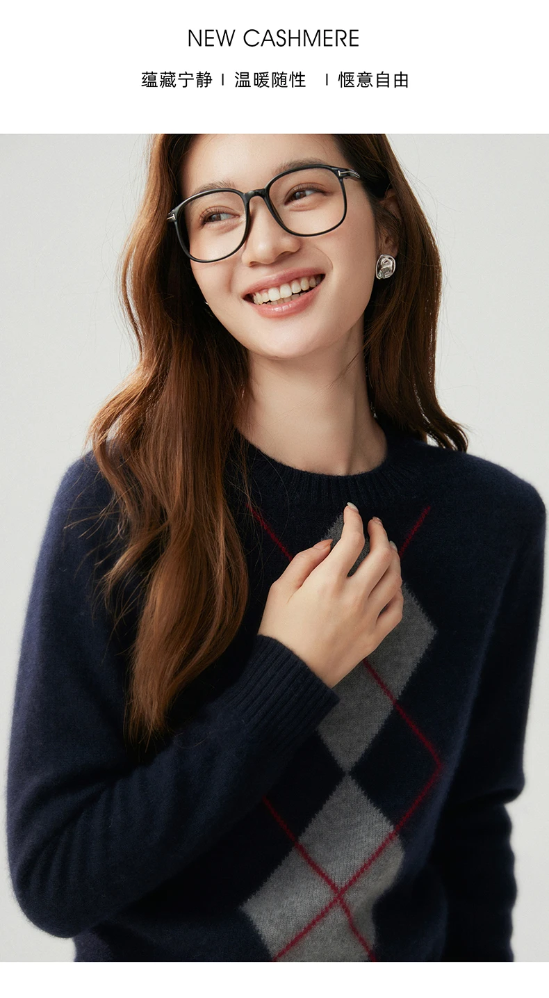 Light Luxury Womens Autumn Winter Sweater Argyle 100 Cashmere Knit Pullover Long Sleeve Clothing Top Lady Warm Jersey detail