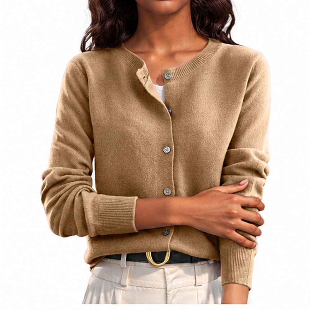 Women's 100% Cashmere Crew Neck Cardigan Full Sleeve Solid Color Knitted Sweater Autumn Wear Anti-Pilling Cardigans Sweaters
