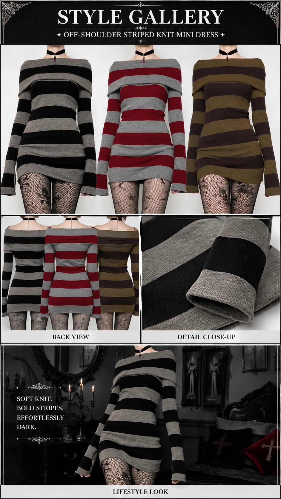 Women Gothic Y2K Off Shoulder Striped Knit Mini Dress Long Sleeve Bodycon Sweater Dress Punk Grunge Aesthetic Party Club Outfits product view