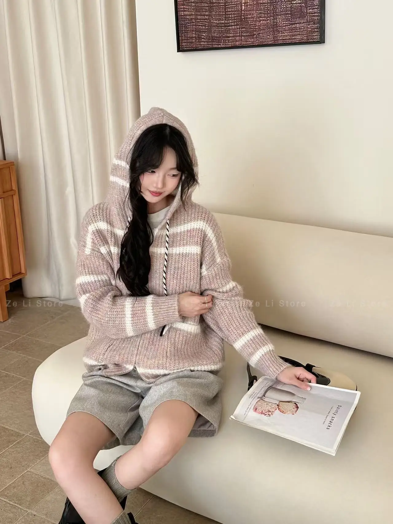 Loose Womens Zipper Knitted Sweater Striped Hooded Color Block Autumn Winter Outerwear Casual Comfortable Lazy Style Top detail