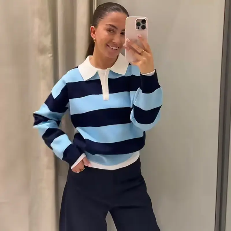Womens New Knitted Striped Sweater Polo Neck Pullover Fashion Loose Elegant Warm Young Women Sweater Street product view