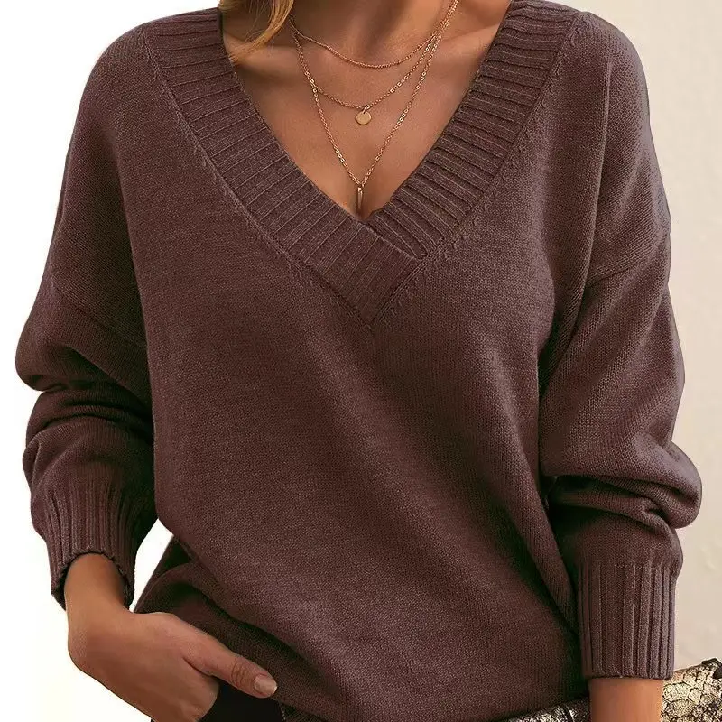 Fall Winter New Fashion Womens Sweater LooseFit VNeck Casual Pullover Knit Tops Clothing detail
