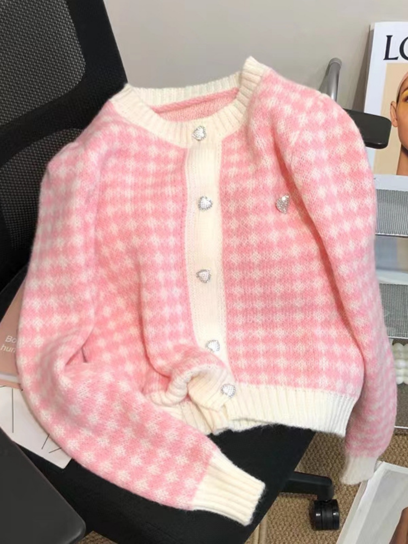 Plaid Knitted Cardigan Women Sweet Style Crew Neck Long Sleeve Autumn Regular Length Button Closure